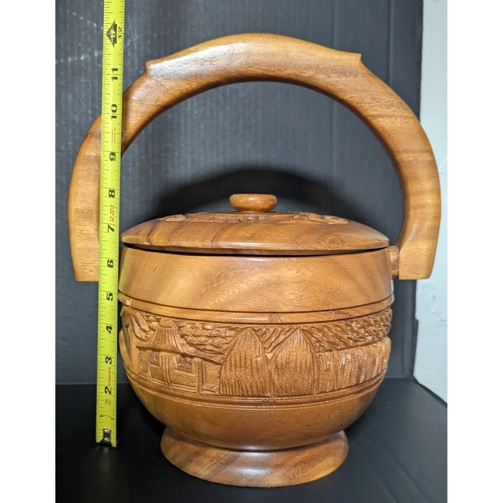 Vintage Hand Carved Teak‎ Wood Bucket With Handle Rural Farming Scene